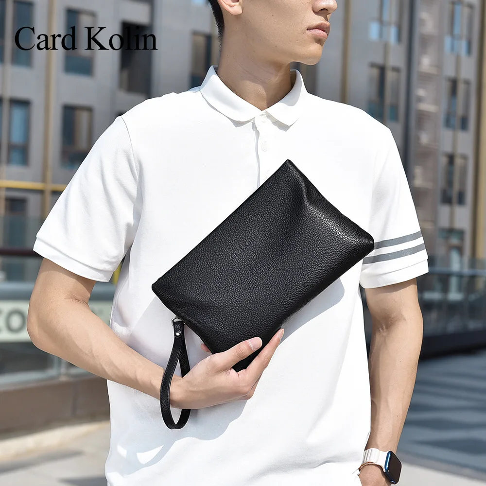 Real leather men's embossed hand-held wallet - lightweight, water-resistant, large-capacity business handbag