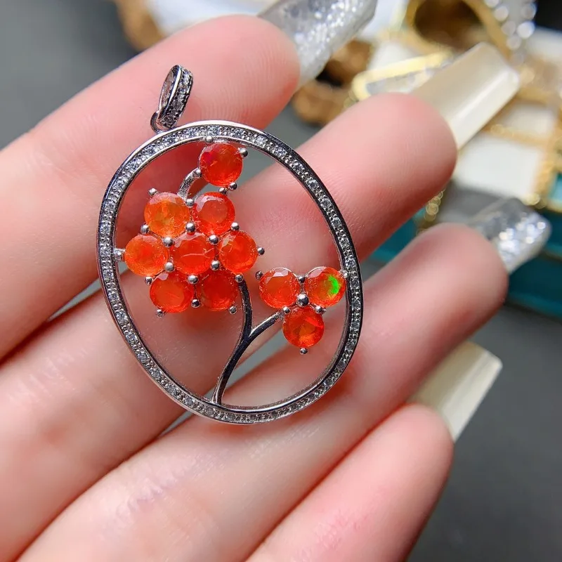 Real 925 Sterling Silver Pendant Women Natural Fire Orange Opal Unique Stylish Anniversary Party Gift Fine Jewelry