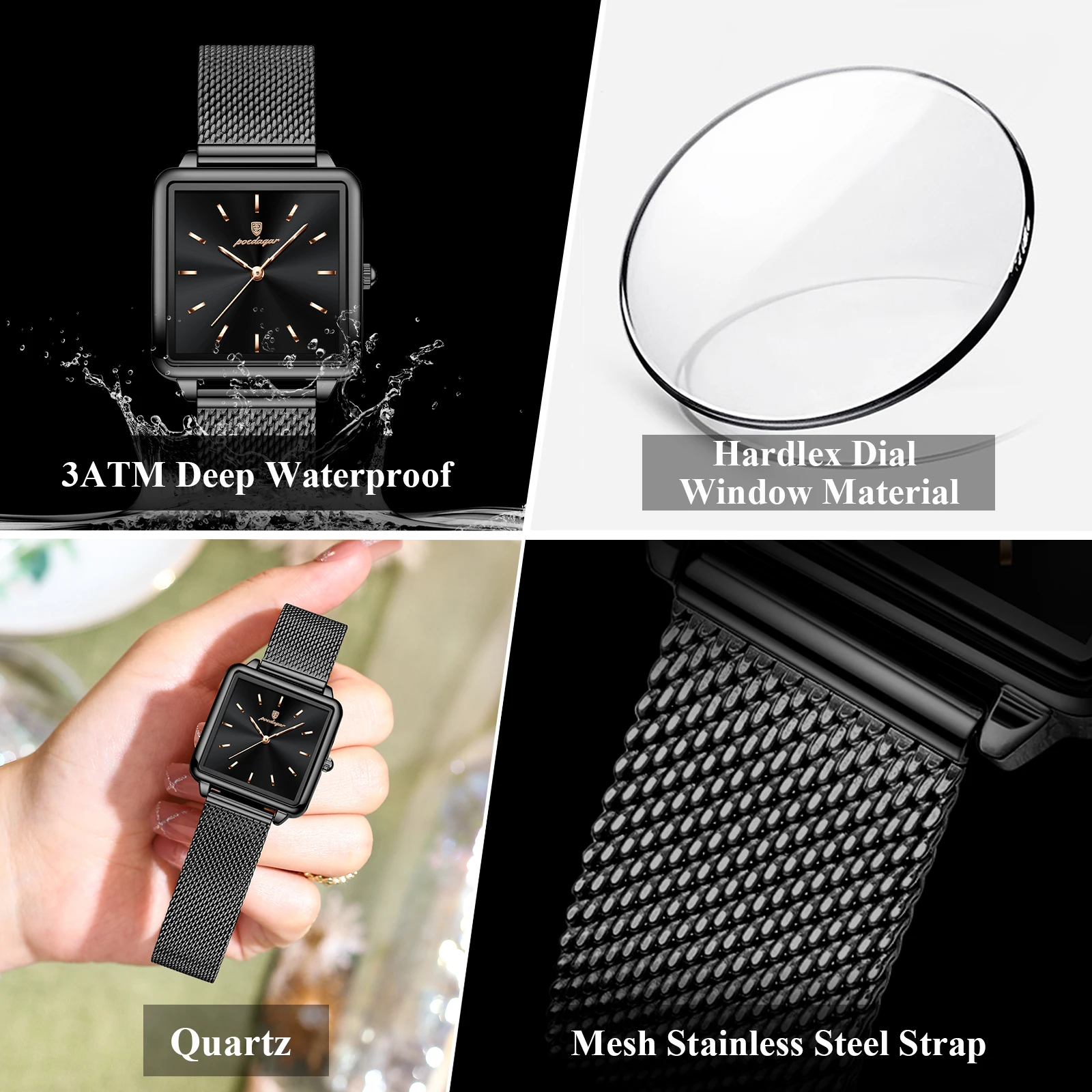 POEDAGAR أزياء العلامة التجارية السيدات ساعة اليد للماء شبكة الفولاذ المقاوم للصدأ امرأة ووتش أنيقة مربع الكوارتز الساعات النسائية Reloj