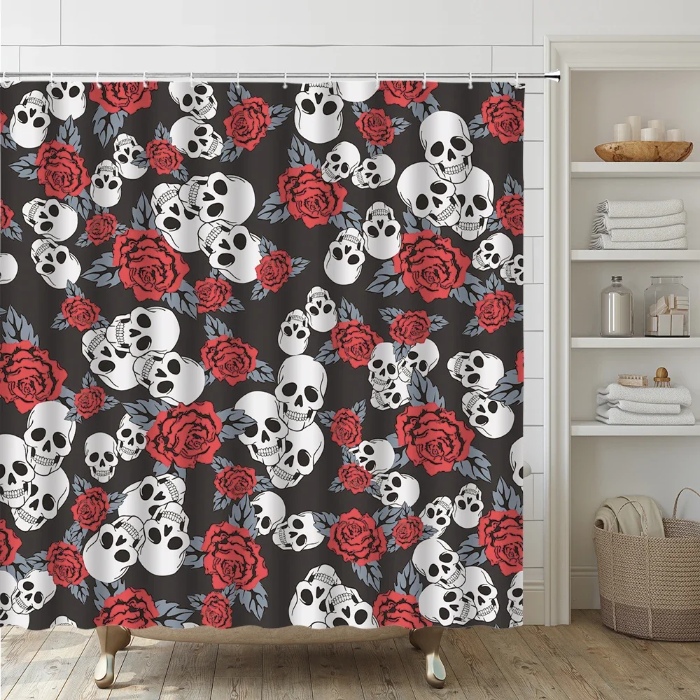 4Pc Cute Halloween Shower Curtains Set Bathroom Decor Skull Hand Spider Bat Fabric Screen Non-Slip Bath Mat Rug Toilet Lid Cover