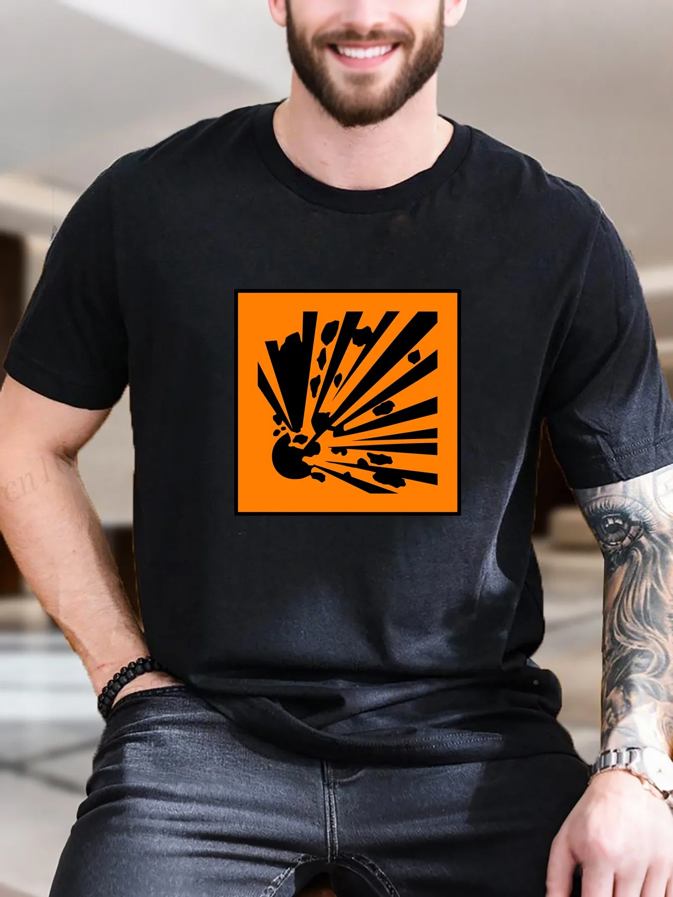 

New Arrival Fashion Men's Rock Graphic Print Cotton T-Shirt Black Orange Falling Meteor Design Breathable Soft Tee for Casual Style