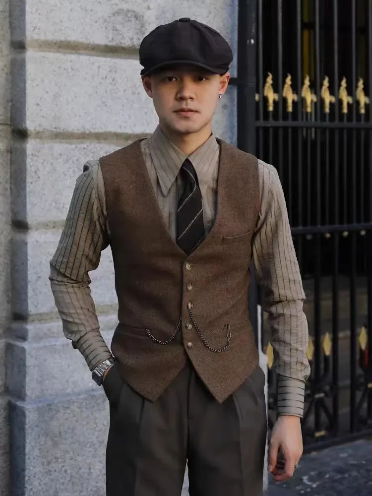 Retro British Men Vest Wool Tweed Yuppie Casual Slim Fit Brown Single-Breasted Herringbone Pattern Wedding Suit Vest