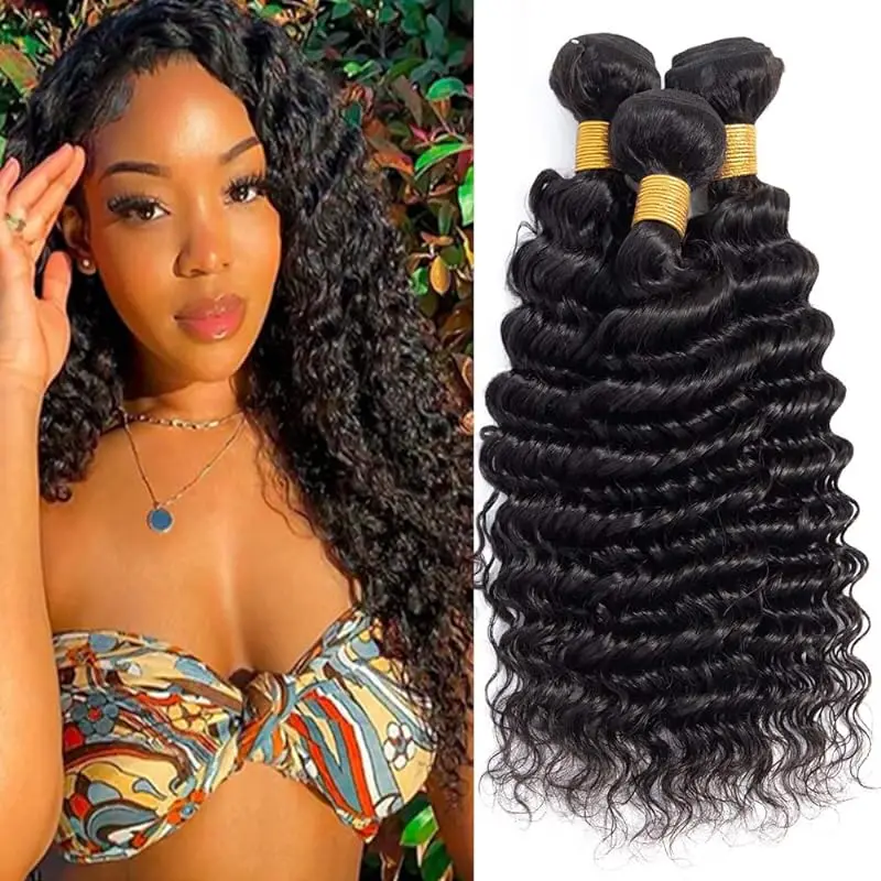 Deep Wave Hair Bundles Human Hair Bundles 16 18 20 Inch Untreated Brazilian Virgin Hair Suitable For Black Women #1B