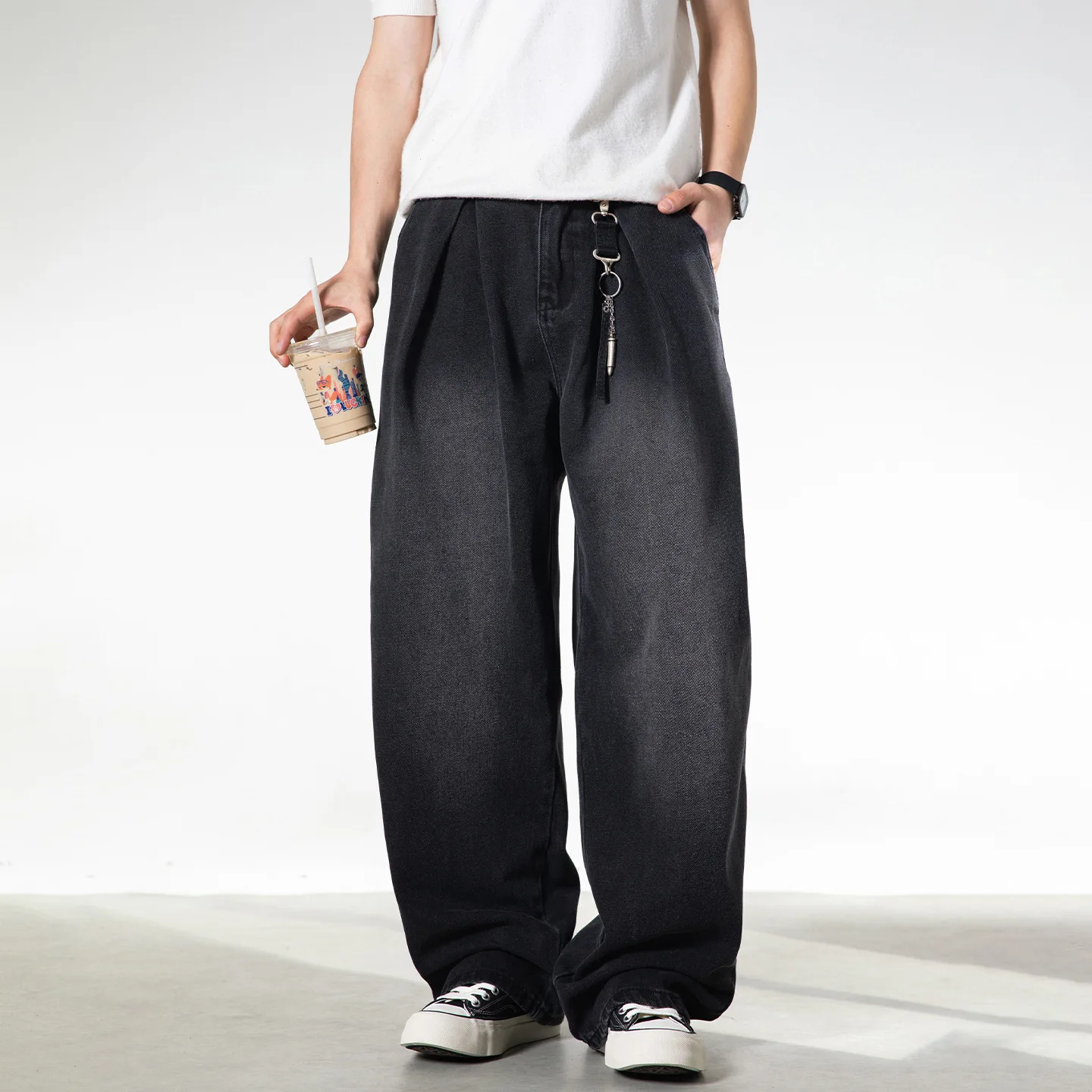 

Vintage Washed Oversized Men's Jeans, Spring Collection, Split Pleated Design, Straight Loose Fit, Trendy Casual Trousers