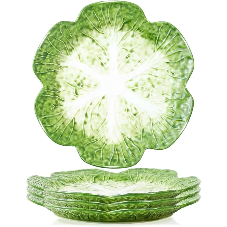

Set of 4 Green Ceramic Salad Plates 10.5 Inch Cabbage Design for Kitchen Use Round Porcelain Appetizer Bowls Ideal for Desserts