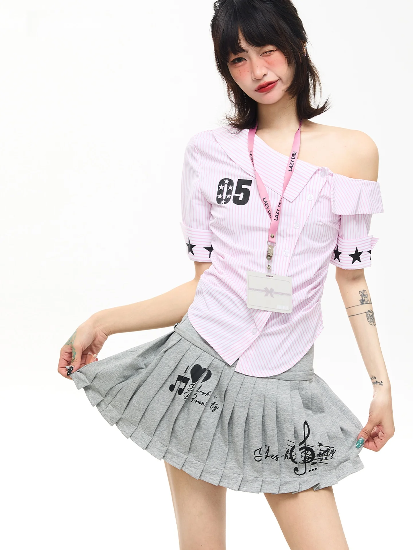 

Astrsk Original Korean Style Women's Slim Fit Short Sleeve Shirt Summer Stripe Waist Cinching Slimming Top Shoulder Baring