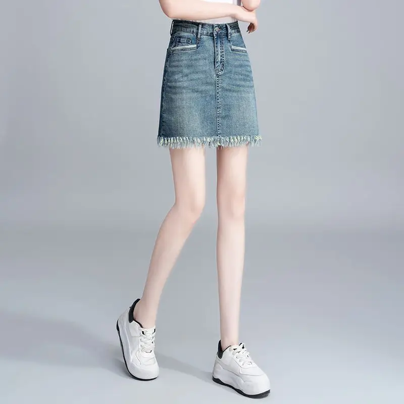 

Jeans Skirts for Women Blue Fringe Woman Denim Skirt Short High Waist Korean Fashion Clothing Trend 2025 Luxury Elegant Summer