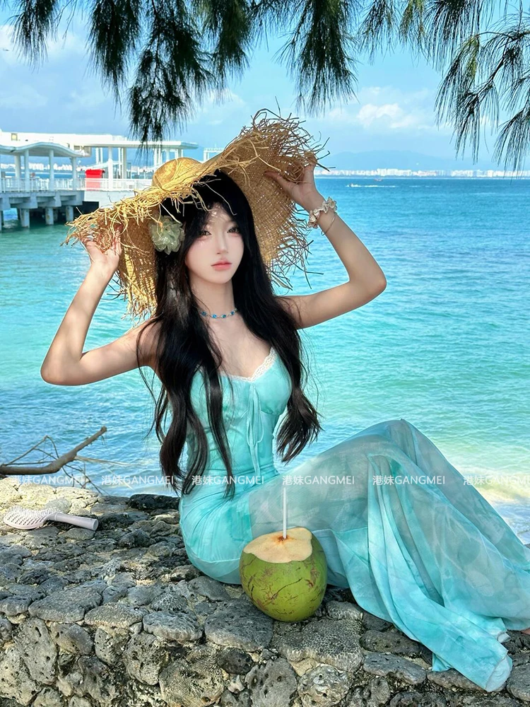 2025 estilo francês vestido verde claro feminino verão floral transparente sem mangas sereia praia sexy bodycon outfit