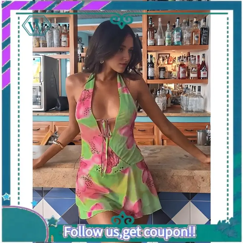 A09P Women Halter Low Neck Mini Dress Cutout Sleeveless Boho Short Dresses Open Back Night Party Going Out Sundress