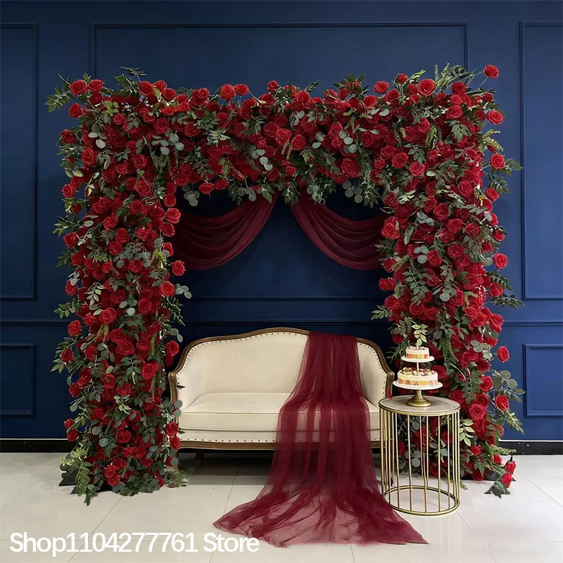 Rote Rose Grünes Eukalyptusblatt Blumenarrangement Blumenreihe Sofa-Läufer Dekoration Hochzeits-Hintergrundrahmen Bogen Fenster Event-Zubehör – Detail 1