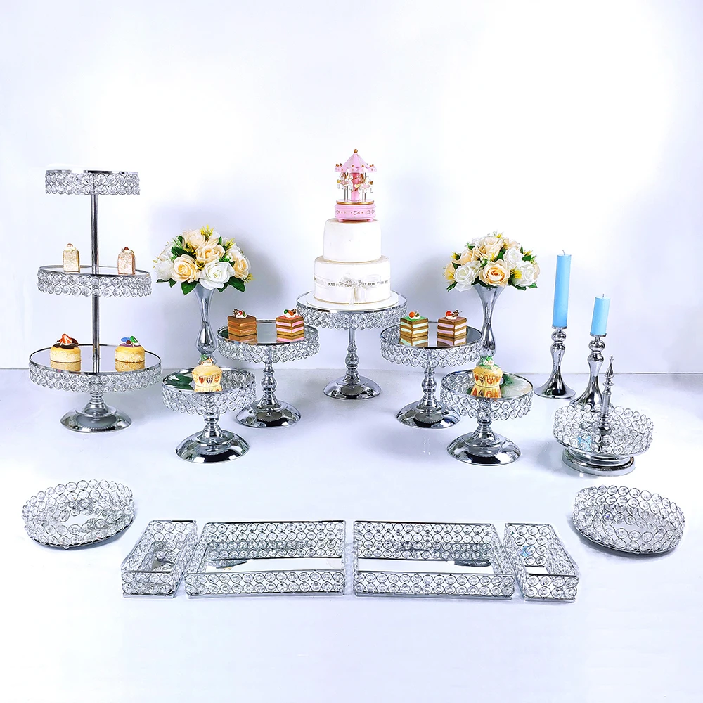 8-21pcs/lot Gold Cake Stand Round with Pendants and Beads, Cupcake Metal Display for the sweets table,Event Birthday baby shower