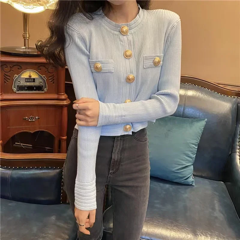 Chic Blue Knitted Cardigan Woman Gold Button Vintage Sweater Female Single-breasted Business Cropped Sweater Ladies Tops