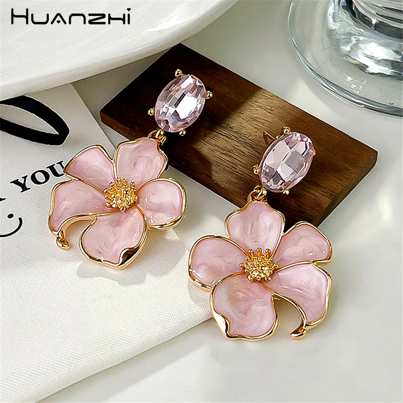 HUANZHI Vintage Drip Oil Pink Flower Drop Earring Temperament Enamel Fashion Jewelry for Women New