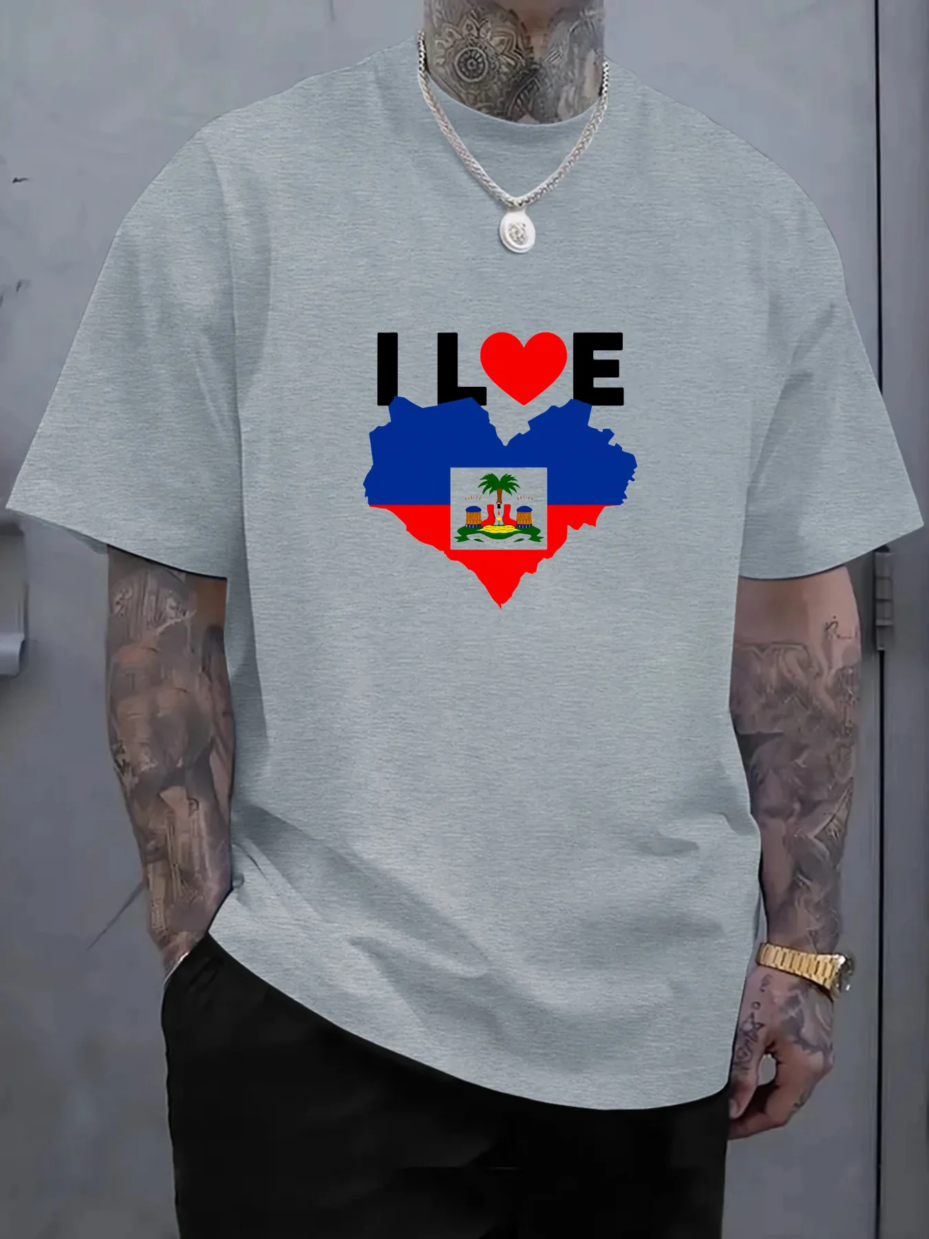 Camiseta masculina com estampa de bandeira de coração I Love Haiti, camiseta casual com design do orgulho haitiano, roupas confortáveis