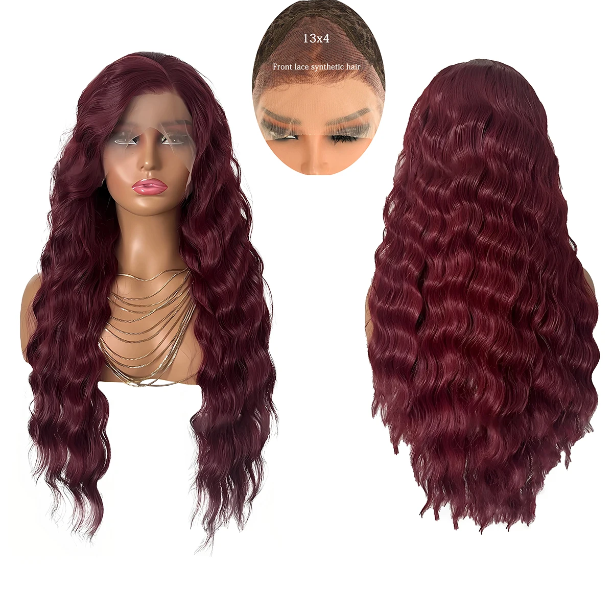 

The New 18-26-Inch Wine Red Water Ripple 13x4 Front Lace Synthetic Hair Is Suitable For Women'S Daily High-End Hand-Woven Wigs