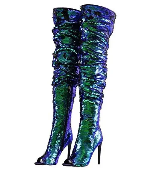 Bling Bling Sequin Over The Knee Tight High Boot Red Green Glitter Stretch Long Boot Autumn Winter Overknee Boots Plus Size