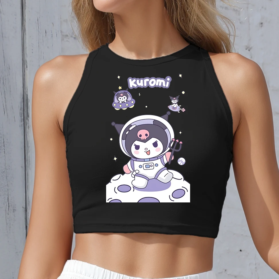 

Sexy Women Shoulder-Off Crop Top Casual Anime Kuromi Print Sleeveless Streetwear Y2K T-Shirt Tank Tops Women Summer Vest