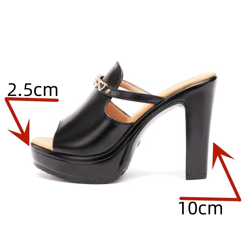 10cm Block High Heels Slides Women Platform Shoes Summer 2024 Chunky Heart Leather Thick Sole Slippers for Office Wedding