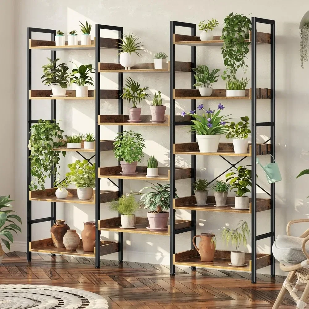 Bookshelf 5 Tiers with 4 Hooks, Triple Bookcase with Open Display Shelves, Industrial Wide Bookshelf with Metal Frame