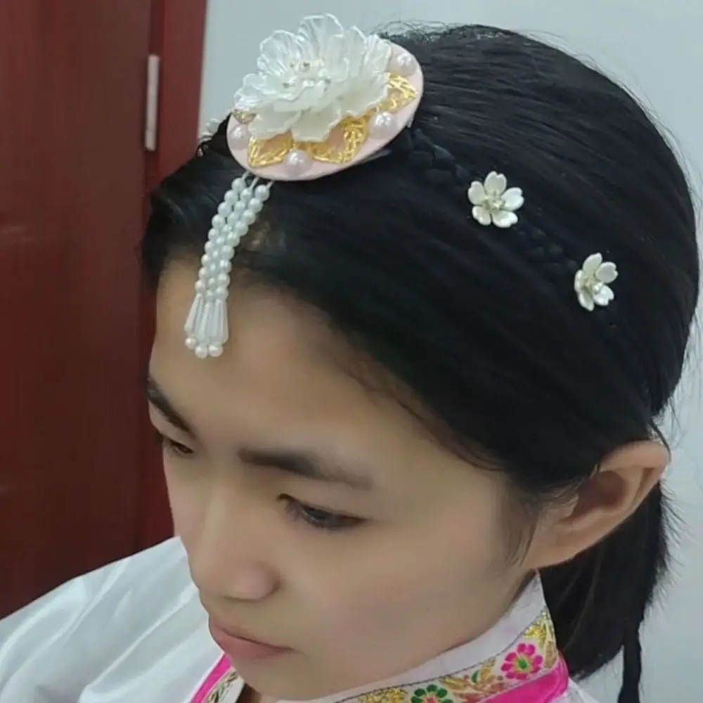 Fashion Flower Hanbok Wig Headdress Pearl Traditional Korea Ethnic Style Hairband Classical Tassel Stage Dance Hair Hoop Wedding