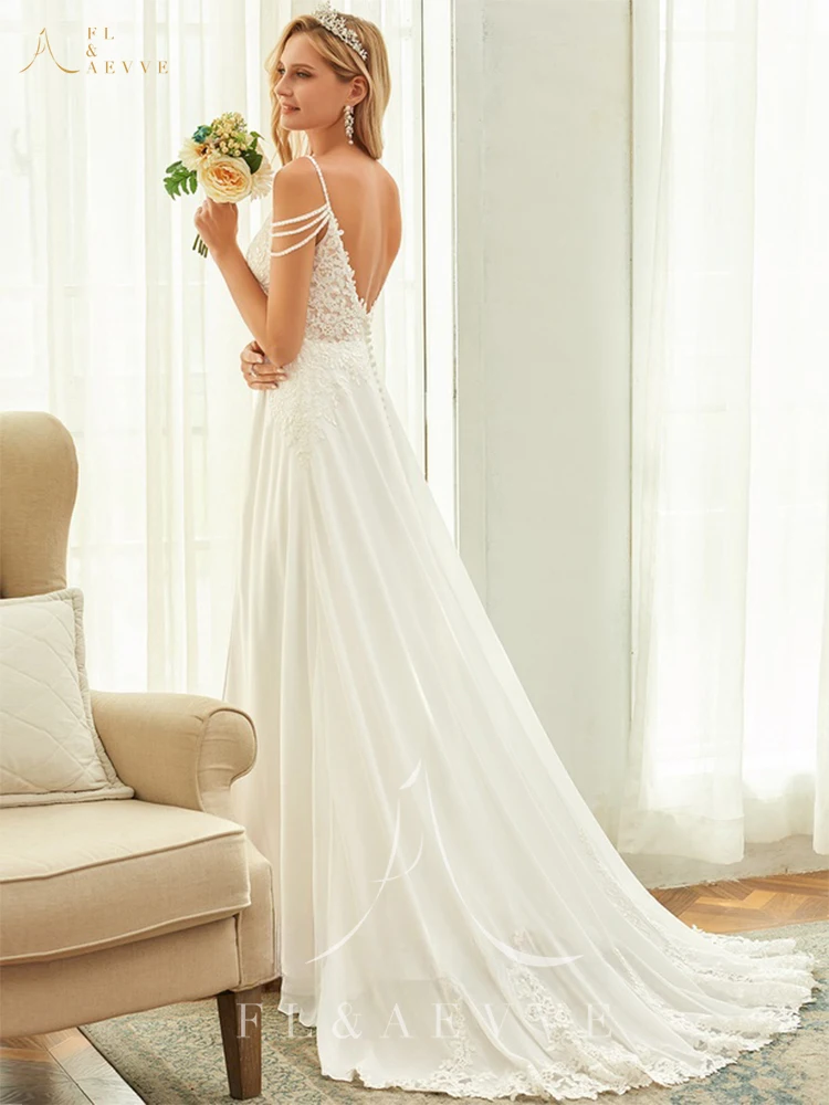 Robe de mariée bohème dos nu avec bretelles spaghetti, robe de mariée A-Line, dentelle, mousseline de soie, robe de soirée de mariage, robe de princesse Bohème