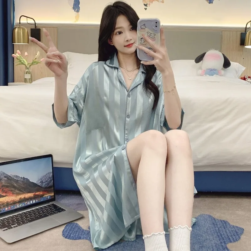 New Summer Style Nightgown Women Cardigan Striped Puppy Ice Silk Cool Feeling Pajamas Short-sleeved Summer Home Wear Comfortable