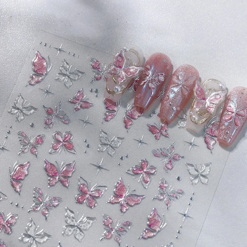 Glänzende rosa klare Silberprägung Schmetterling Sterne 3D Gelee selbstklebende Nail Art Aufkleber polarisierte Maniküre Aufkleber Großhandel