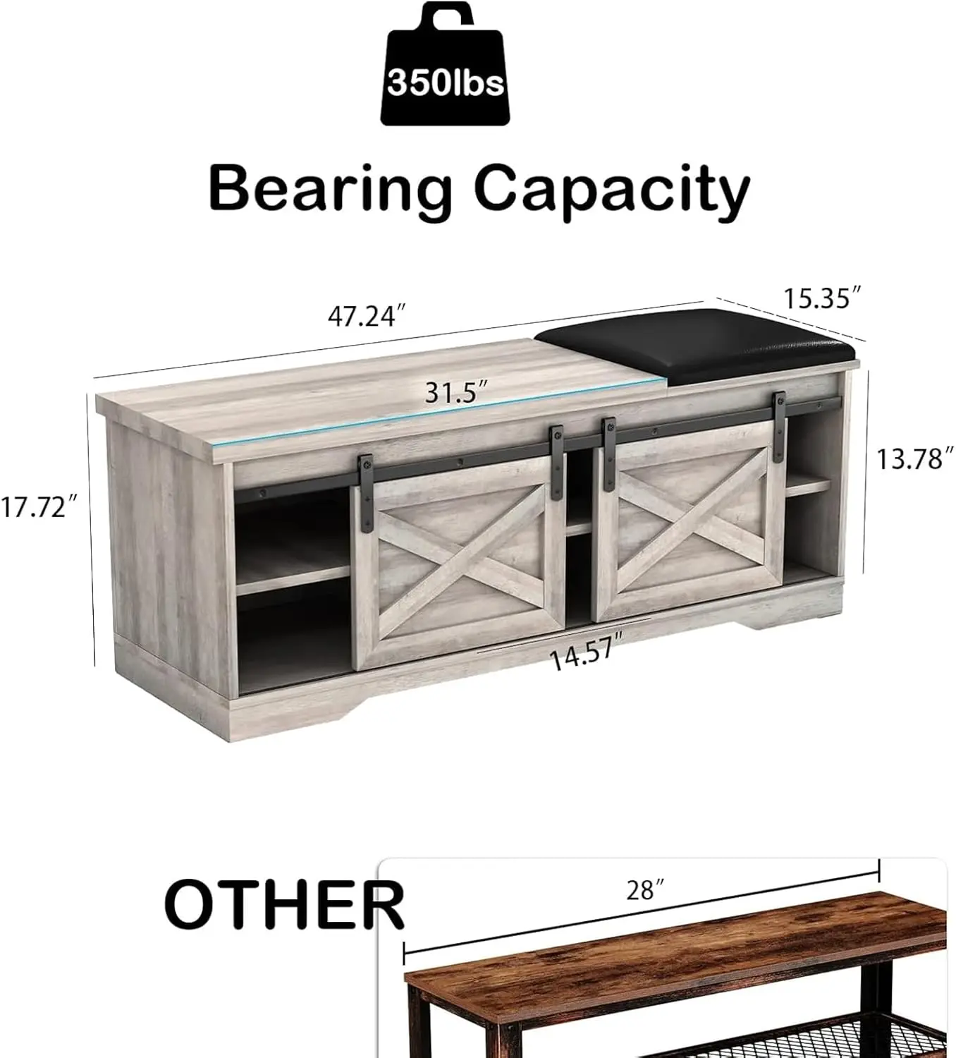 47 inch Grey Farmhouse Shoe Bench , Entryway Bench with Shoe Storage, 2-Tier Shoe Cabinet Bench for Living Room, Hallway