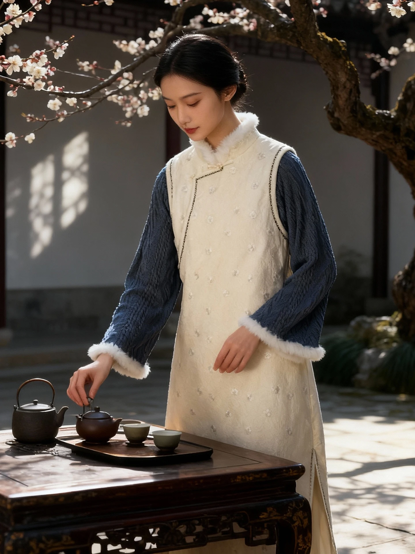 Chic Chinese Sle Long Qipao Dr with Fur Collar And Bell Sves Warm And Ele Retro Design for Women in Their 20s