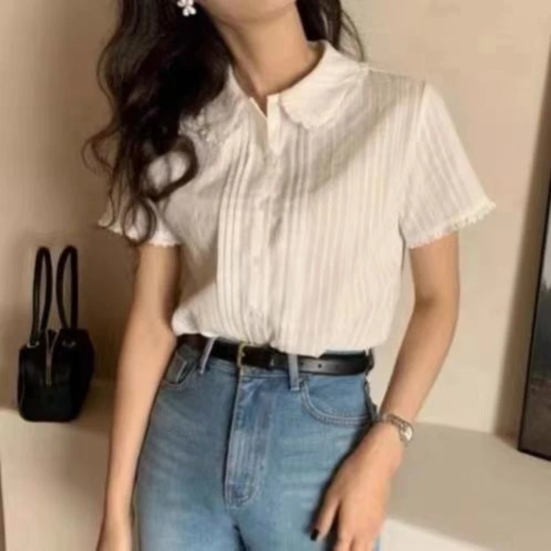 Shirts Women Kawaii Peter Pan Collar Preppy Style Chic Folds Design Summer Leisure Schoolgirls Pure Simple Loose All-match Daily