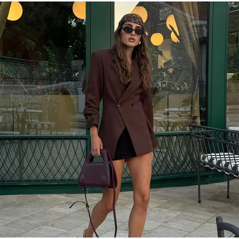 Y2k Casual Brown Lapel With Pocket Jacket Woman Fashion Cuff Buttons Long Sleeve Blazer Coat 2024 Lady Autumn High Street Outwea