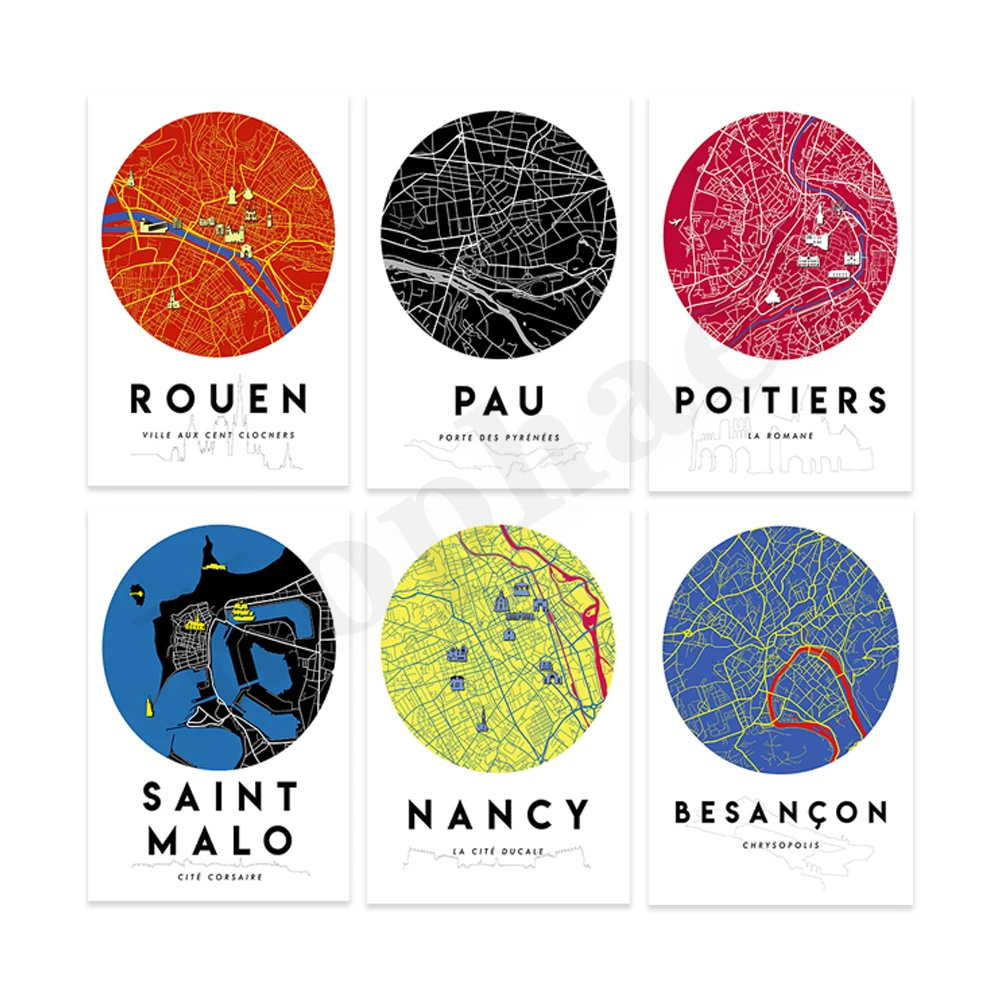 بيسانسون نانسي سانت مالو بويتييرس باو رووان. خريطة المدينة. ديكور جدران المنزل ملصق فني