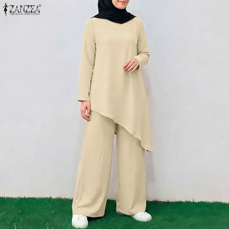 ZANZEA Modest Women Muslim 2 Piece Sets Ramadan Outfit Casual O Neck Long Sleeve Tops Pant Sets Irregular Abaya Kaftan 2026