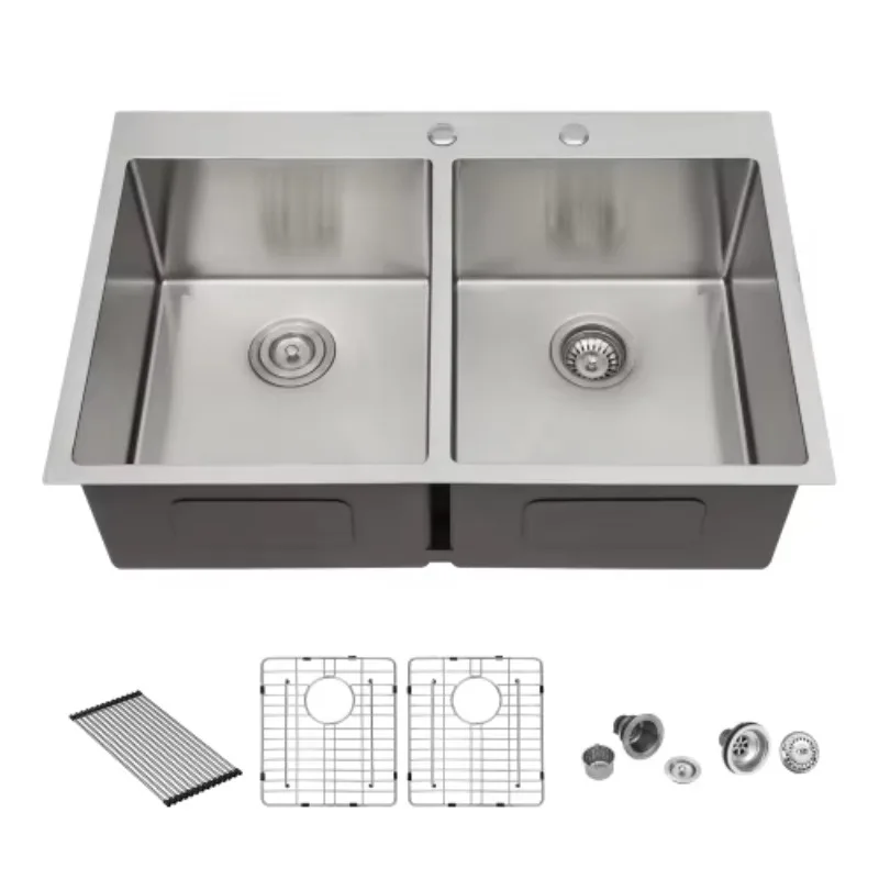 

ATV Modern American Kitchen Sink Set 33x22 Inch, 304 Stainless Steel Double Bowl Deep With Drain Board Commercial Set