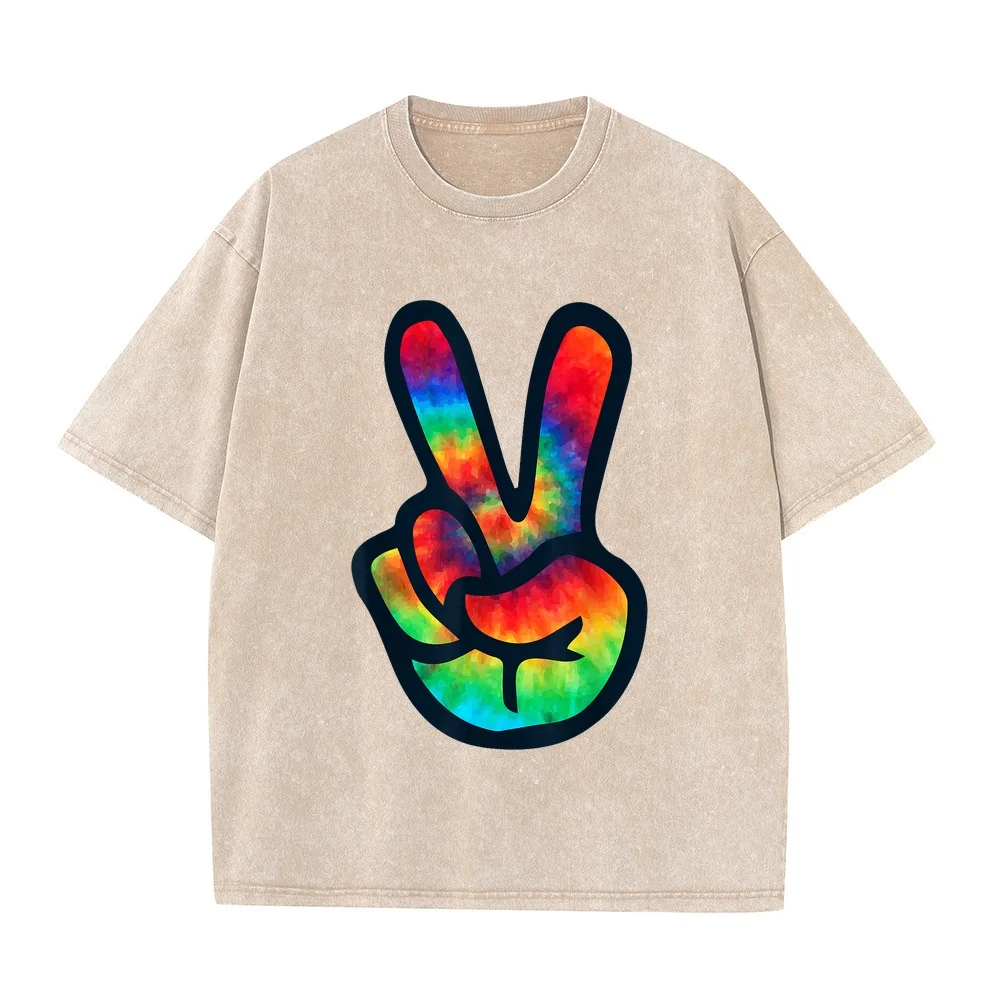 Peace Sign Hand Tie Dye Hippies Christmas V T-Shirt Ropa Y2k Mens Big Tall Tee Gift Short Round Sleeve Summer Top Humor Shirt