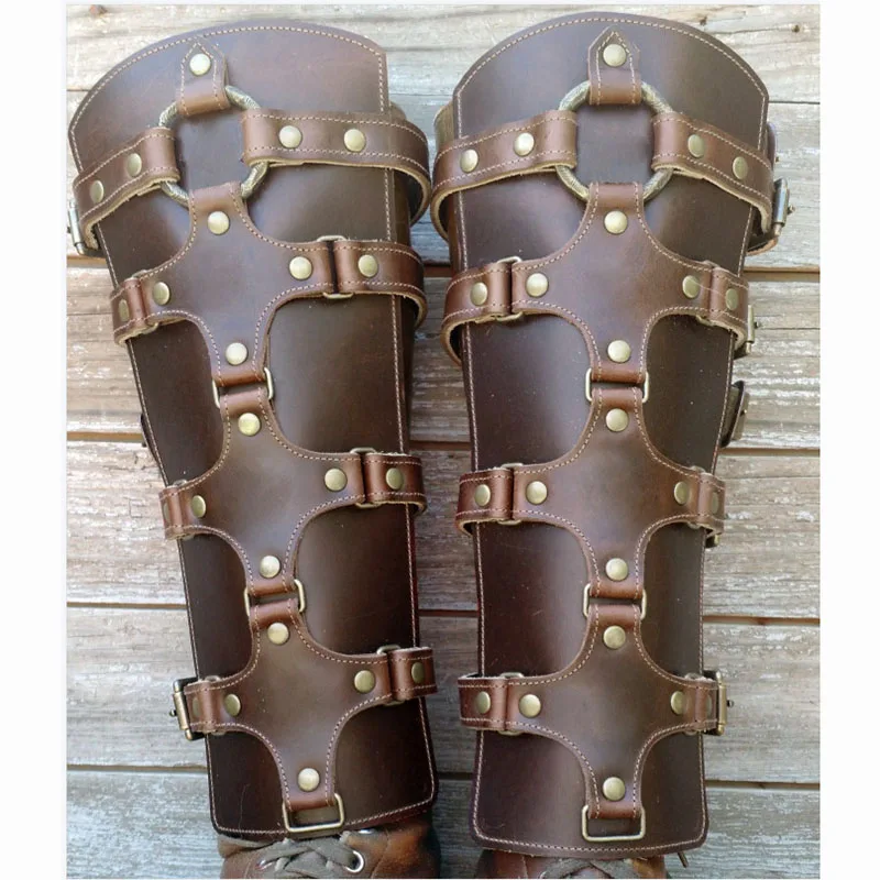 Medieval Steampunk getry PU skórzane nogi pancerz buty pokrowiec na buty LARP Viking wojownik rycerz kostium Puttees Greaves dla Cosplay