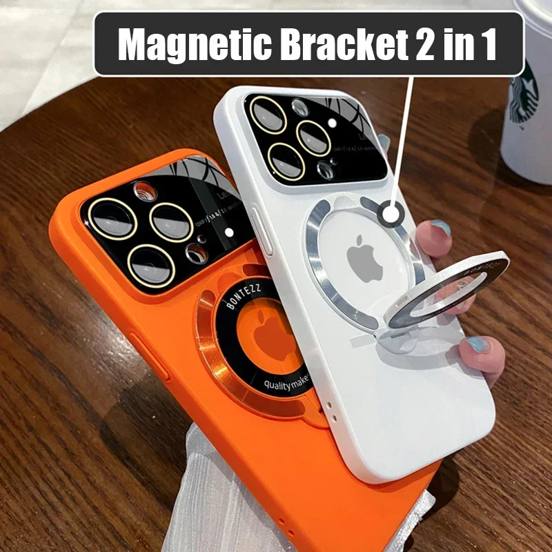 Fliping Bracket for Magnetic 2in1 Case for iPhone 15 ProMax 11 12 13 14 Pro Max Plus Large Window Lens Protection Glass PC Cover