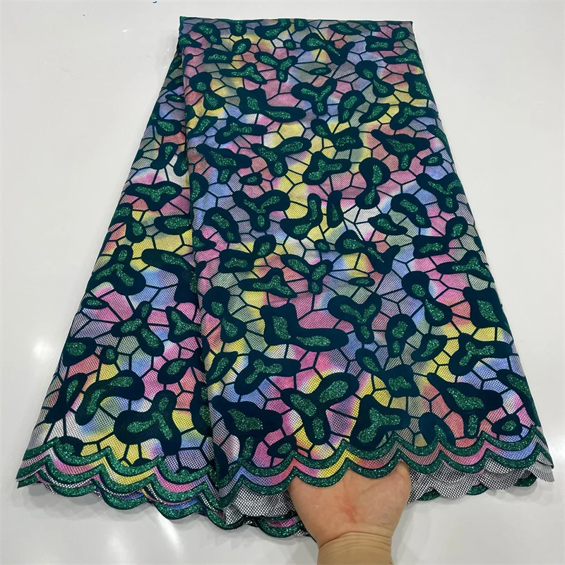 African Flocking Lace Fabric For Sew Wedding Dresses, France Mesh Embroidery Sequins Net Material 2.5 Yards High Quality 2024