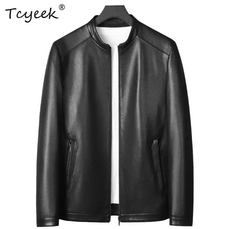 

Tcyeek Real Goatskin Spring Autumn High End Trendy Stand Collar Black Men Genuine Leather Jacket Jaqueta De Couro Masculina