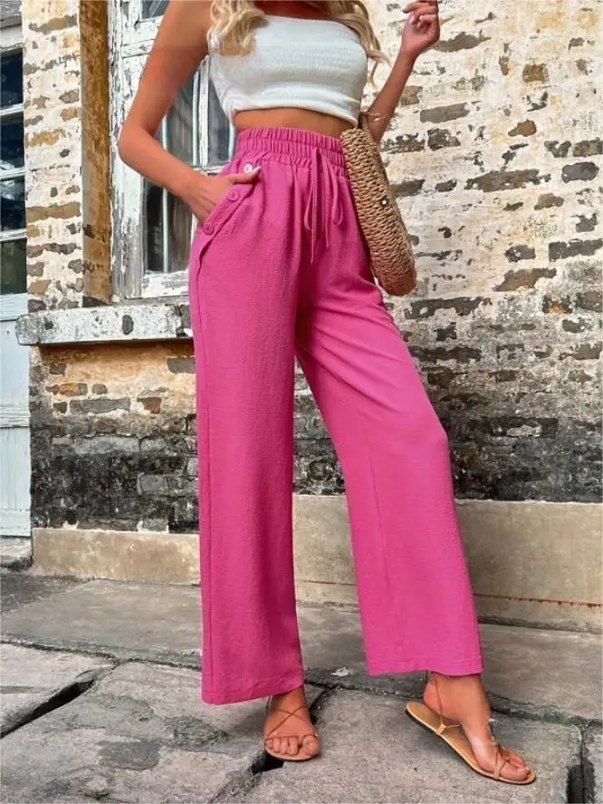 ผู้หญิงสูงเอวหลวม Fit Casual กางเกงฤดูใบไม้ผลิฤดูร้อนสีเอวยาวกางเกงขาตรงกางเกงยีนส์