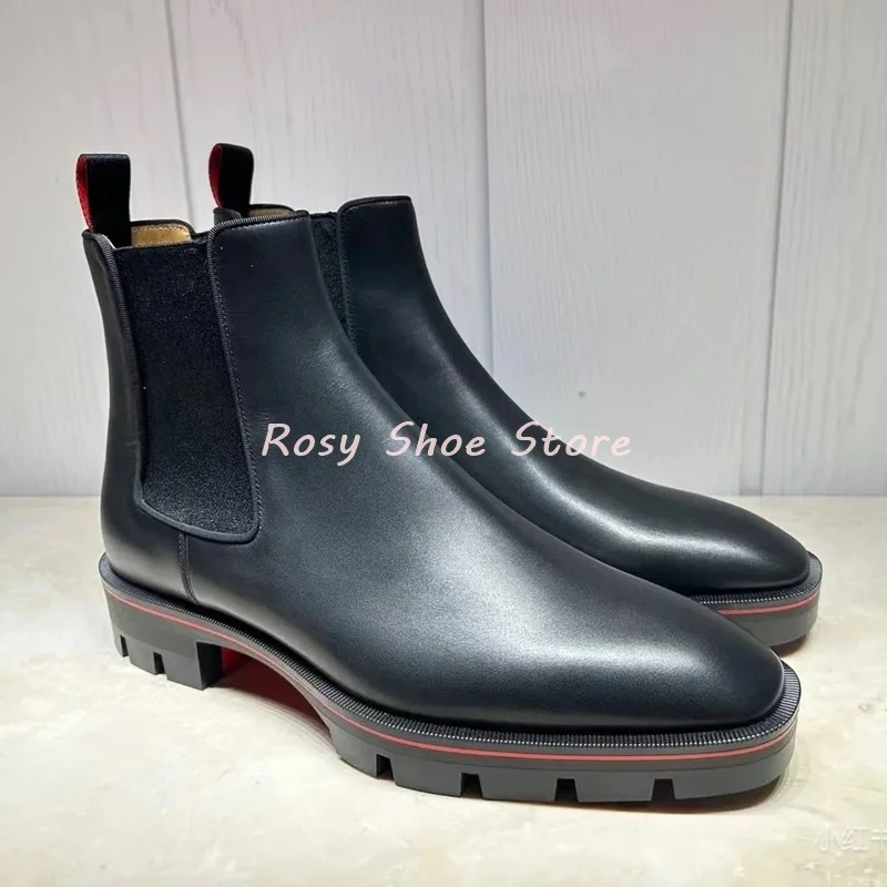 Men Classic Black Suede Leather Ankle Boot Concise Spliced Knit Elastic Round Toe Slip On Versatile Boot Soft Flat Leather Boots