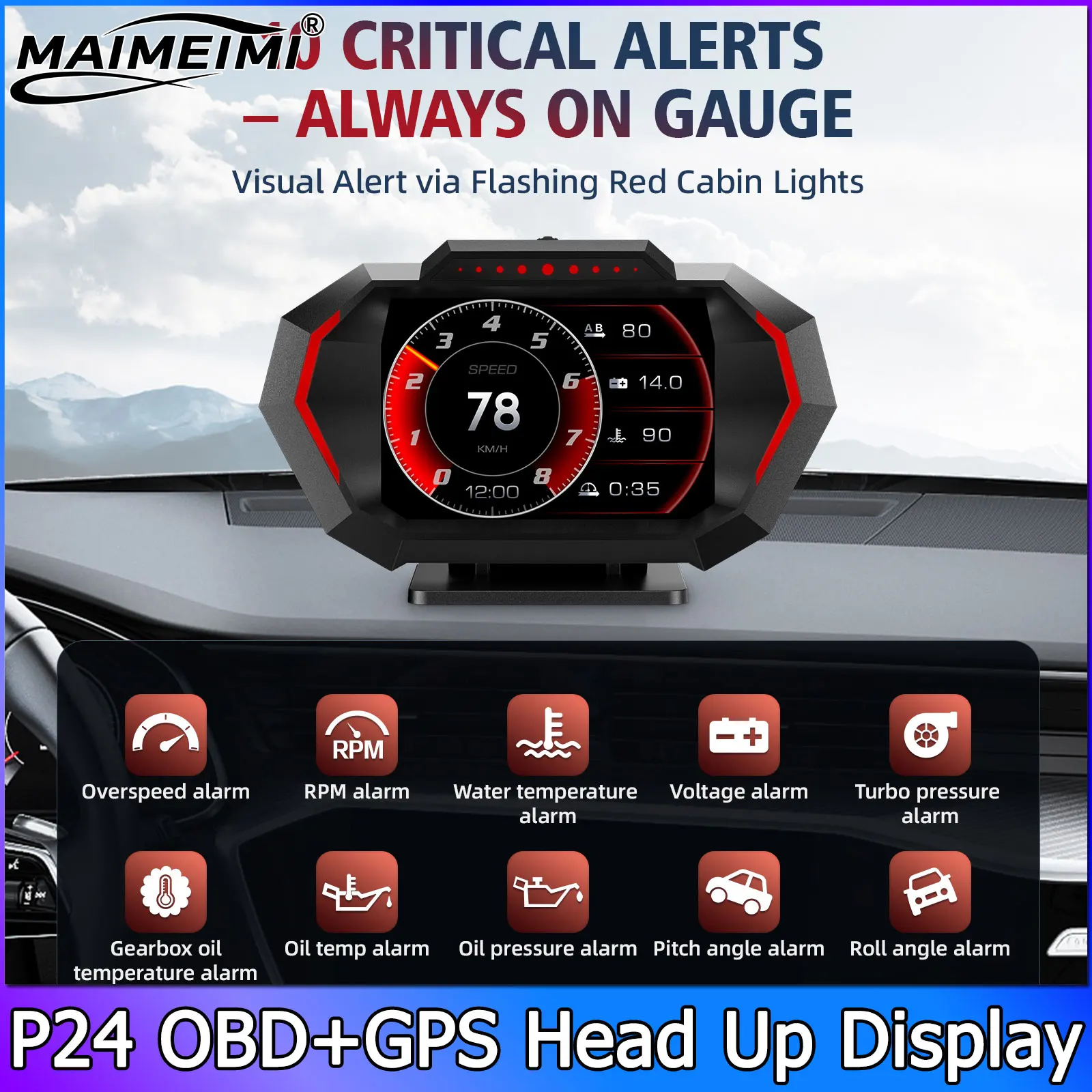 P24 Car Head Up Display OBD + GPS HUD on Board Computer Speedometer Water Temp Fuel Consumption Slope Meter Overspeed Alarm RPM