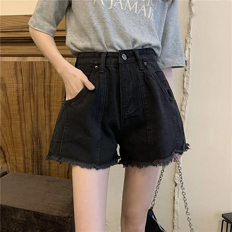 

Summer Women's Black High Waist Denim Shorts New Oversized Loose Versatile Raw Edge Wide Leg Short Pants A-line Dance Hotpants