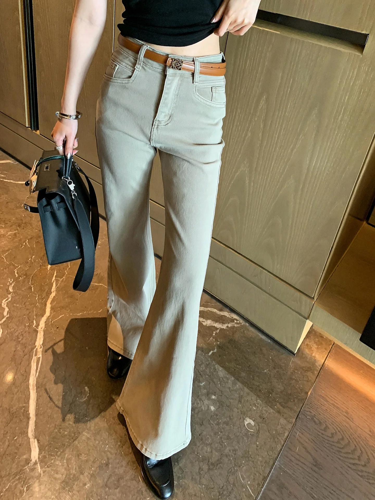 

High Waist Bell Bot Jeans American Retro Sle Casual Pants Lift Butt Effect Slimming Micro Flared Denim Spring Summer Ladies