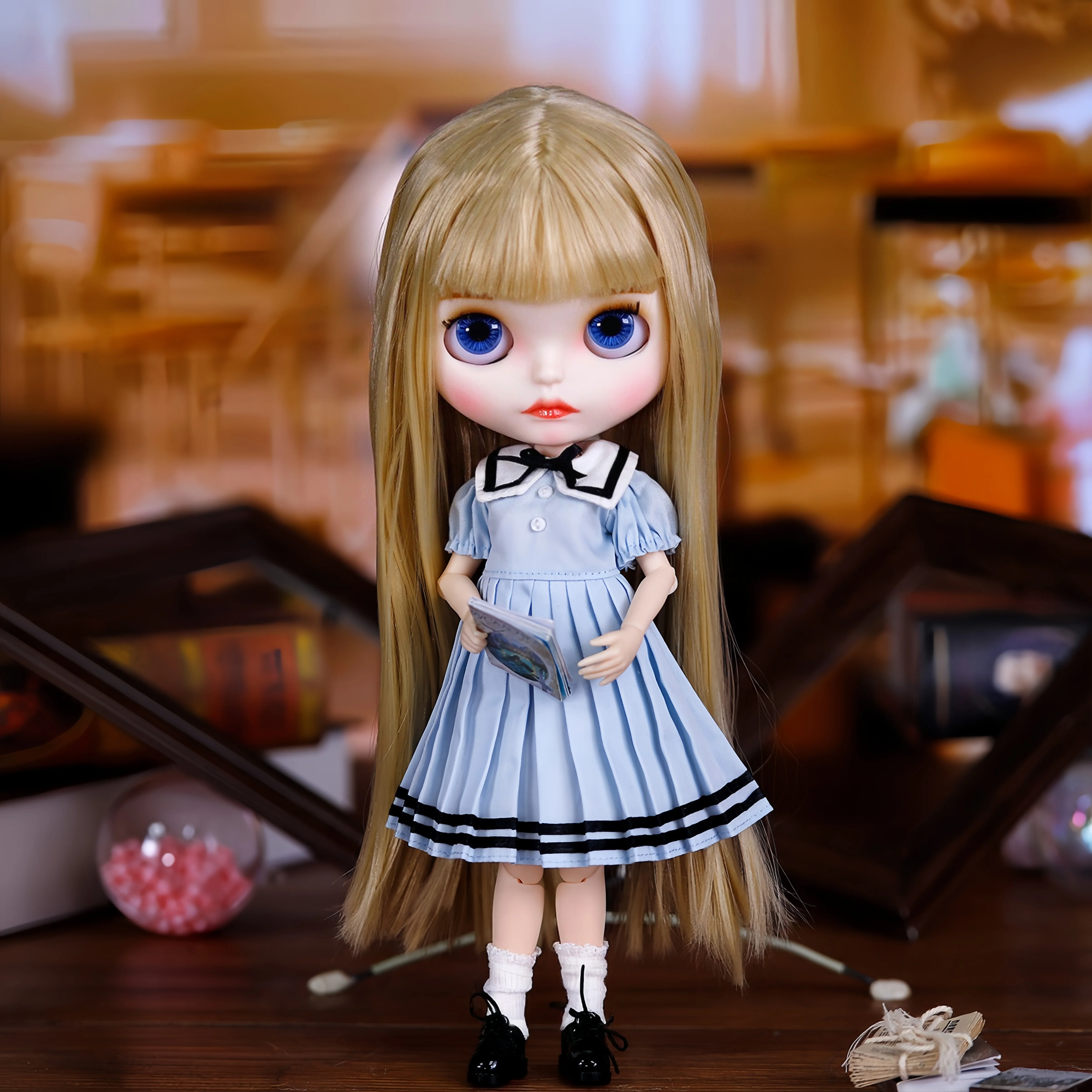 ICY DBS Doll Clothes British Academy Style Light Blue Pleated Dress For 19 Jointed Ob24 Student Doll Outfit  Doll Accessories