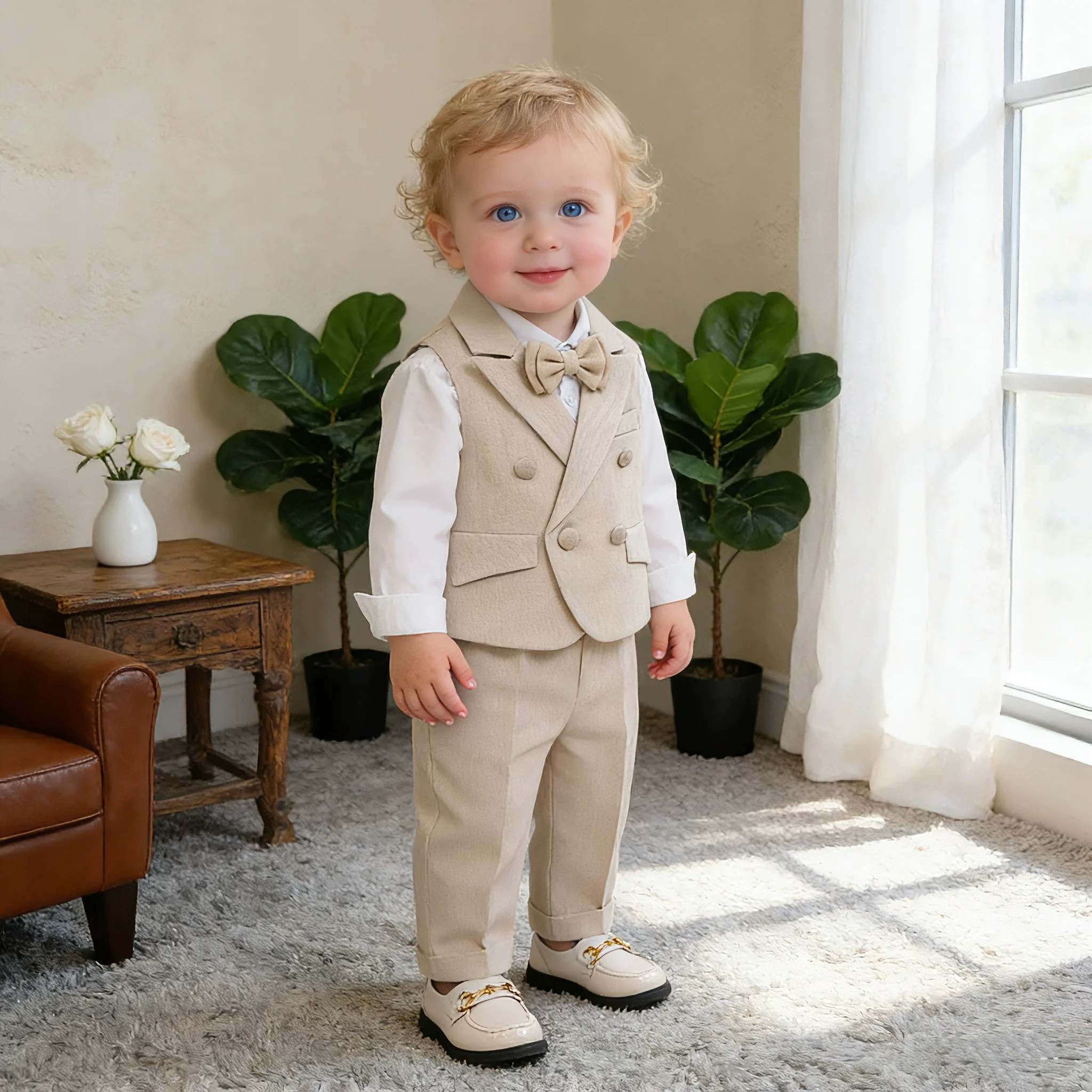 

80-150 Little Boys Summer Vest Shirt Pants Bowtie Birthday Gift Suit Baby Kids Wedding Party Dress Children Performance Suit