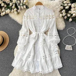 VIntage Folds Lace Hollow Out Lantern Sleeves Long Sleeves Single Breasted Dress Casual Women A-LINE Fashion Autumn Dress