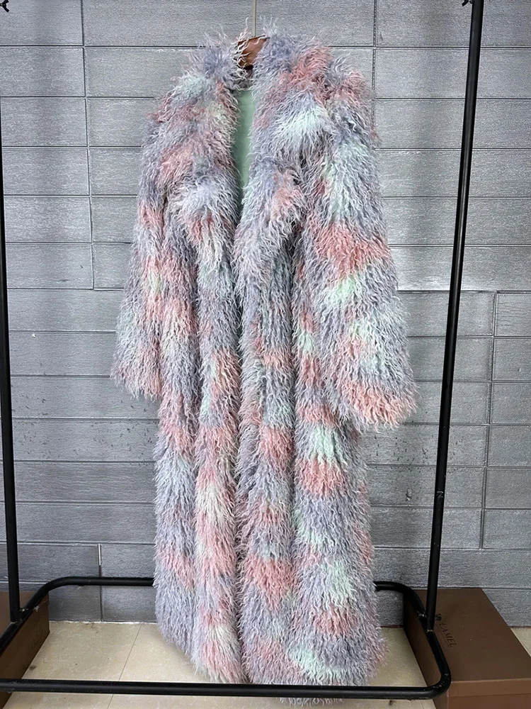 ZADORIN 130 cm Lange Bunte Revers Mongolischen Pelzmantel Frau Dicke Warme Flauschigen Faux Pelz Jacke Mäntel Winter Kleidung Frau kleidung