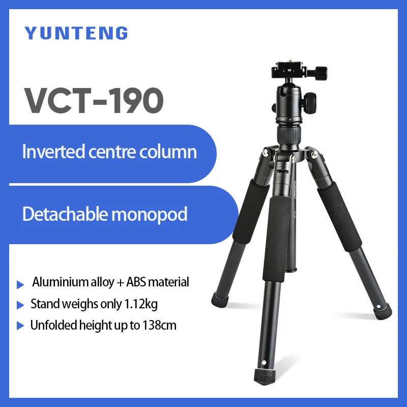 Yunteng 190 Ball Head Tripod Stabilising Bracket Reversible Detachable Monopod Aluminium 190 Tripod [Mobile Phone Clip Free】