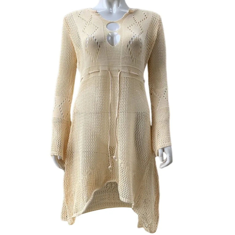 

Модная летняя трикотажная рубашка-накидка с V-образным вырезом и ажурной вязкой для пляжа, повседневная, для женщин, как накидка на купальник или бикини